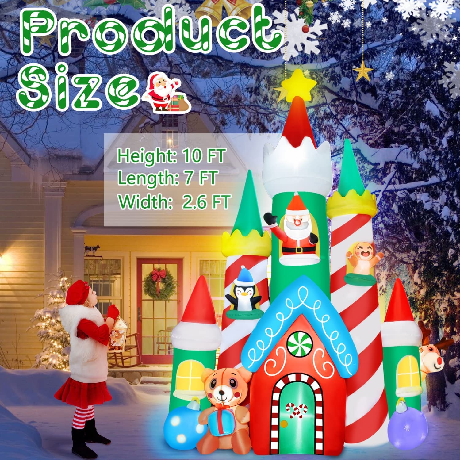 Cheapest 10 FT Christmas Inflatables Candy Castle with Santa Reindeer Penguin