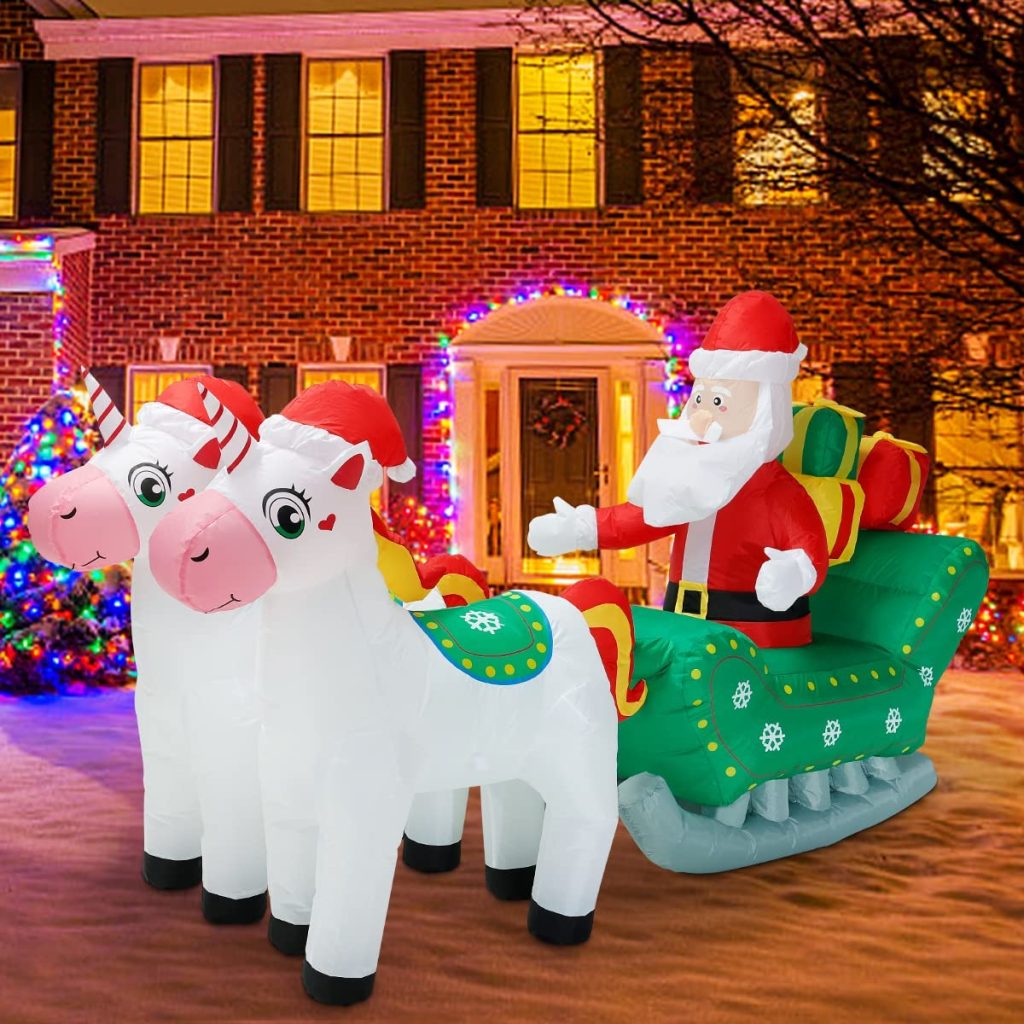 2.3m Christmas Unicorns Pulling Santa’s Sleigh – Airfigs Inflatables