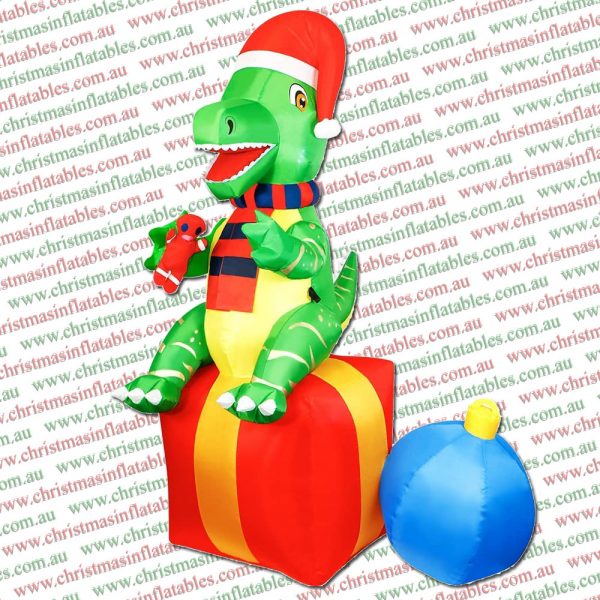 1.8m Christmas Dinosaur On Gift with Bauble