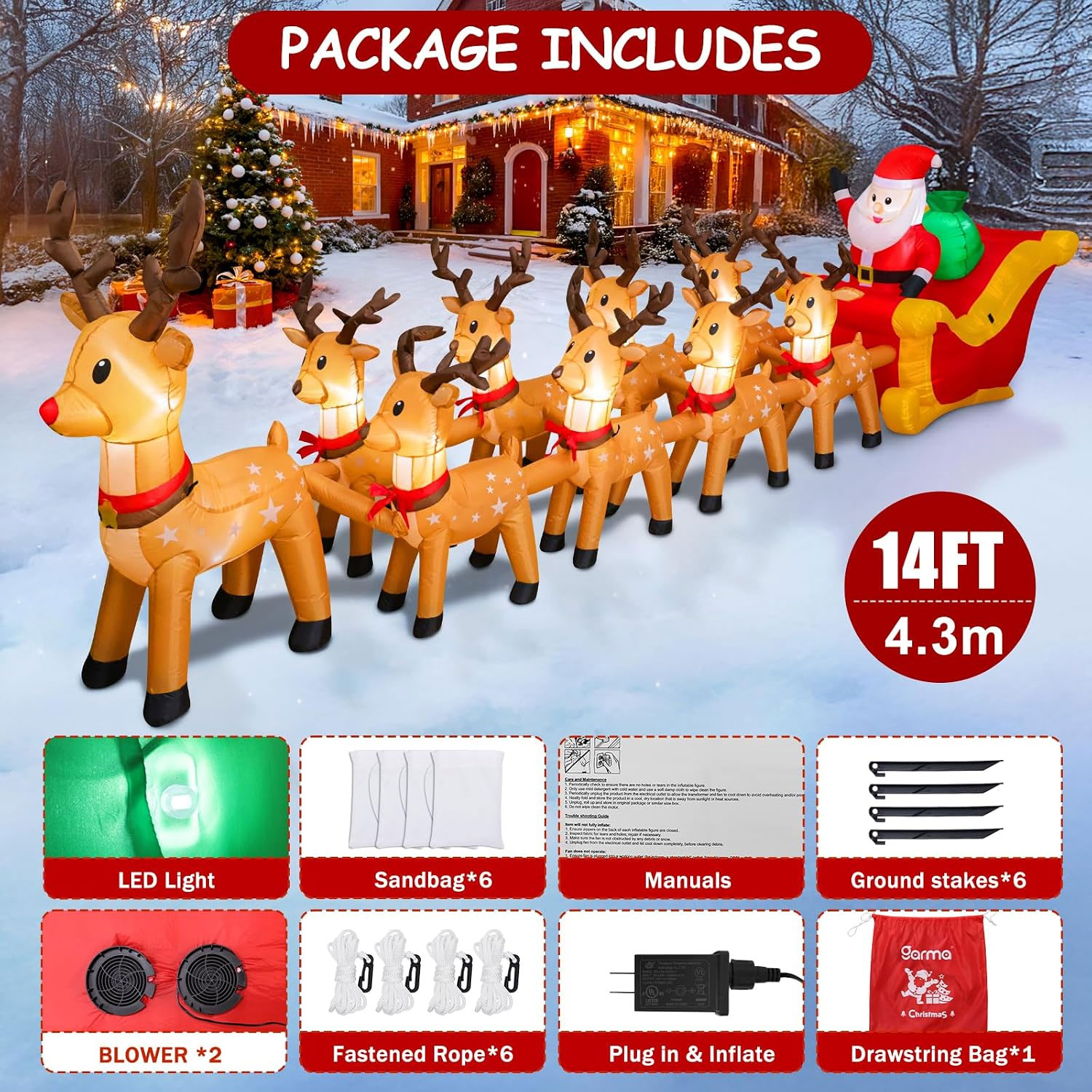Rudolph plus all 8 Reindeers Sleigh Christmas Inflatable - Image 9